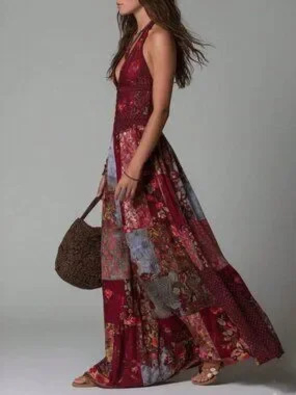 Brown Boho Women's Deep V Halter Floral Patchwork Jumpsuit